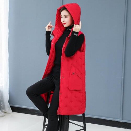 Down Cotton Vest 2021 Womens Autumn Winter Jacket Plus Size Loose Mid-Length Waistcoat Fashion Hooded Casual Sleeveless Parka