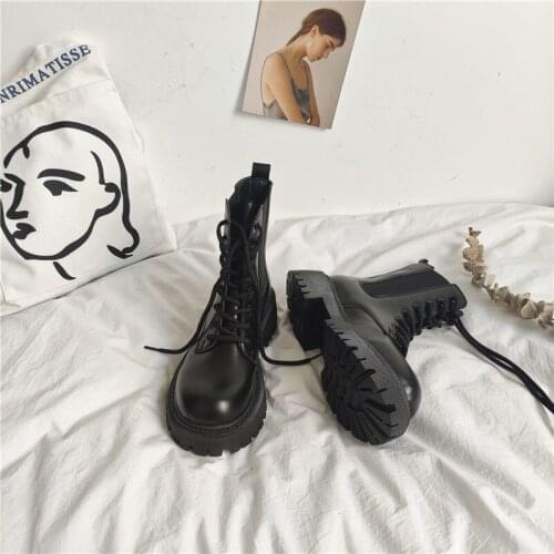 White Black PU Leather Ankle Boots Women New Autumn Winter Round Toe Lace Up Shoes Woman 2021 Fashion Motorcycle Platform Botas