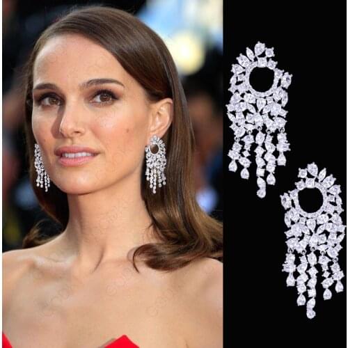 GODK 52mm Luxury Celebrity Favorite Design Cubic Zirconia Women Statement Long Drop Tassels Earring Wedding Party Bridal Jewelry