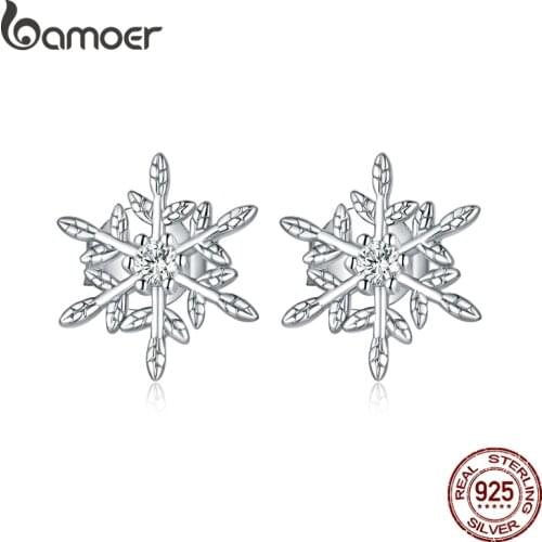 Bamoer Authentic 925 Sterling Silver Romantic Snowflakes Earrings for Women Korean Style Fine Jewelry Moda Bijoux BSE424