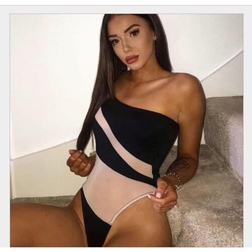 2021 Women Mesh Patchwork Bodysuits Bodysuits Rompers Transparent Jumpsuits Body Femme Longue Overalls One Shoulder Bodysuit