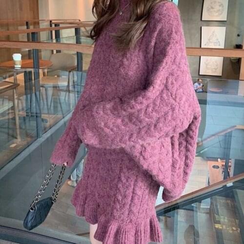 YUZACDWX Elegant Lazy wind Two Piece Set Women Knitted Loose Sweater + Skirts 2 Piece Set Women Streetwear Outfits