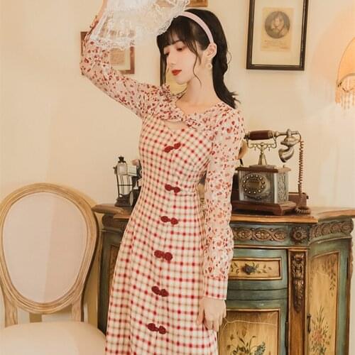 Young Cheongsam Women Spring 2021 New French Retro Bow Tie With Oblique Front Sweet Long Sleeved Improved Cheongsam Dress