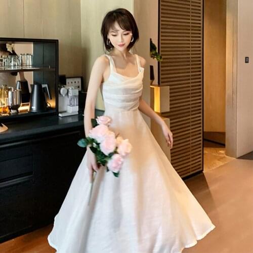 Korean Style Vintage Sexy Strap Sleeveless Midi Party Birthday Dress Ladies Robe Coffee Break Casual Folds Femal Beach Dress