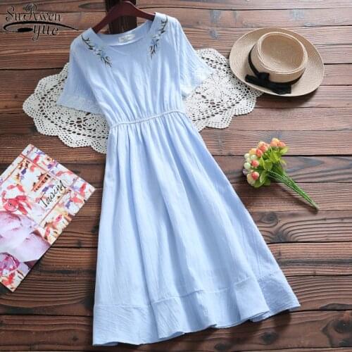 2021 Summer Dress New Solid Color Vintage Long Woman Dress Cotton Embroidery V Neck Hollow Out Jacquard Floral Dress 3372