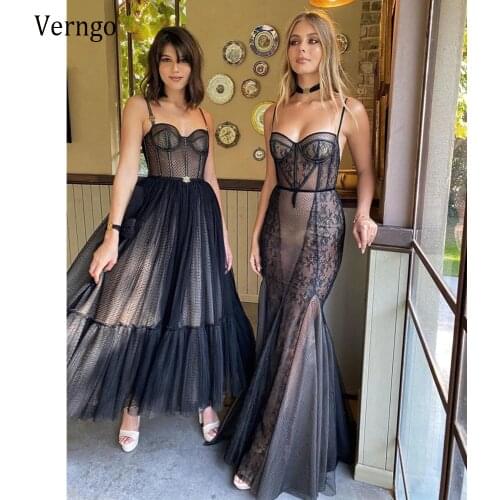 Verngo Modern Black A Line Short Prom Dresses Spaghetti Straps Dotted Tulle Corset Evening Gowns Tea Length Formal Party Dress