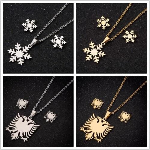 Oly2u Fashion Christmas White Snowflake Jewelry Sets Cute Albania Hero Double Head Eagle Necklaces for Men Women Bijoux Femme