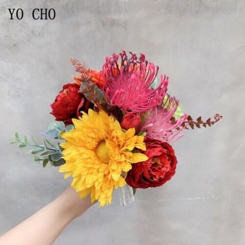 YO CHO Artificial Flower Bouquet Silk Sunflower Peony Pompon Creative Bride Wedding Bouquet Flowers Girl Home Party Decoration