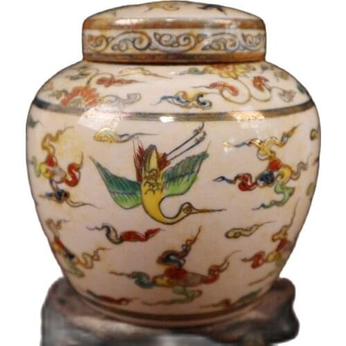 Chinese Old Porcelain Chenghua Gold Painted Colorful Red-crowned Crane Pattern Jar Storage lid Jar