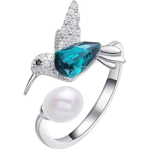 COCOM 925 Sterling Silver Hummingbird Rings with Green Austrian Crystals Adjustable Ring for Women Pearl Jewelry Birthday Gift