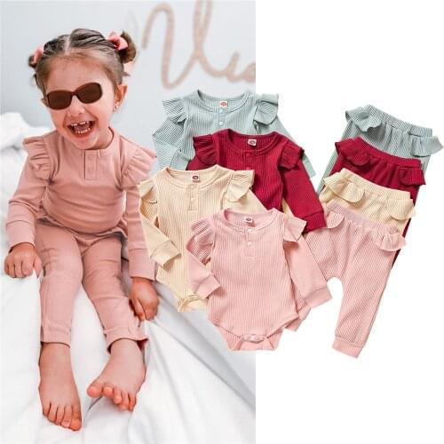 0-24 Months Multicolor Baby Girls 2Pcs Outfits Toddler Solid Color Ribbed Ruffled Long Sleeves Romper Top + Pants Sets