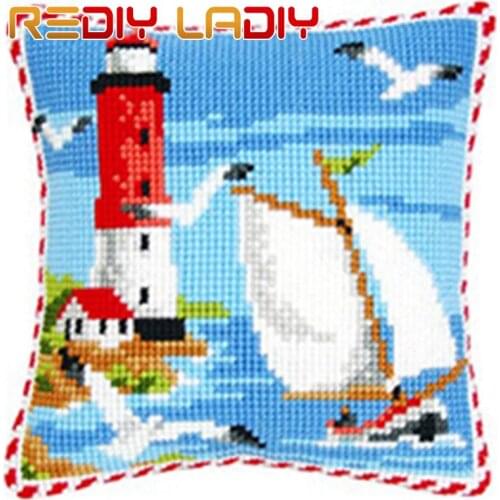 Cross Stitch Cushion Lighthouse Boats Chunky Yarn Cross-Stitch Kit Needlework Pre-Printed Canvas Pillow Home Decor Arts & Crafts