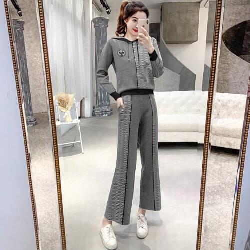 Fashion Knitted Sweater Hooded Tracksuit Women Leisure Two Piece Slim Stright Wide Leg Pants New Elegant Loose Two Piece Set