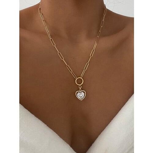 Brass With 18K Gold Colorful Crystal Heart Necklace Women Jewelry Runway Gown Hiphop Boho Rare Glam Japan Korean Fashion