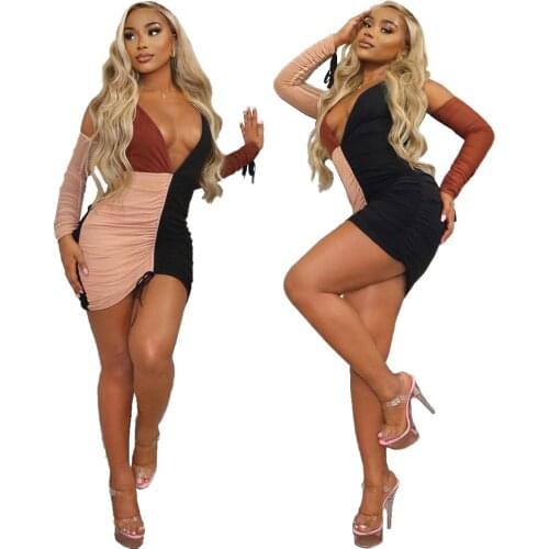Ruched Drawstring Knee Dress Sexy V Neck Pathcwork Bodycon Dresses Autumn Casual Long Sleeve Sundress Y2k Womens Clothing 2021