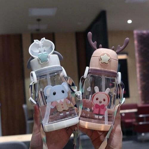 Portable Baby Kids Bottles Cartoon Kettle Water Bottles Straw Plastic Water Cup Strap Summer Drinking Bottles Deer Student