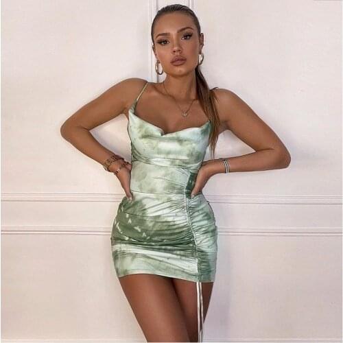Green V Neck Sleeveless Ruched Bandage Tie Dye Print Casual Streetwear Outfits Sundress