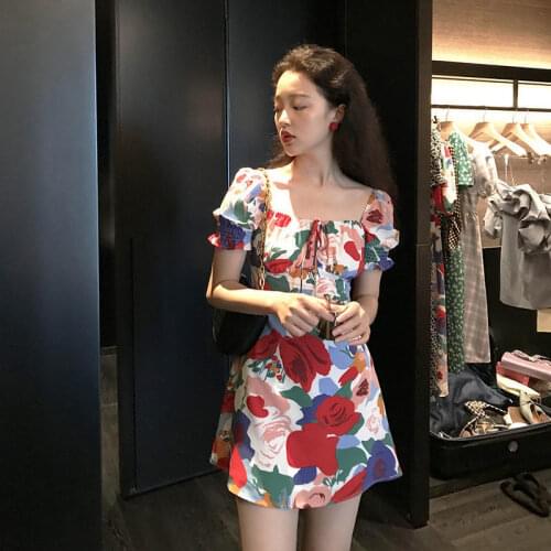 Retro Floral Dress Summer High Waist Thin Temperament Sleeve Skirt Women All-Matched and Comfortable A66