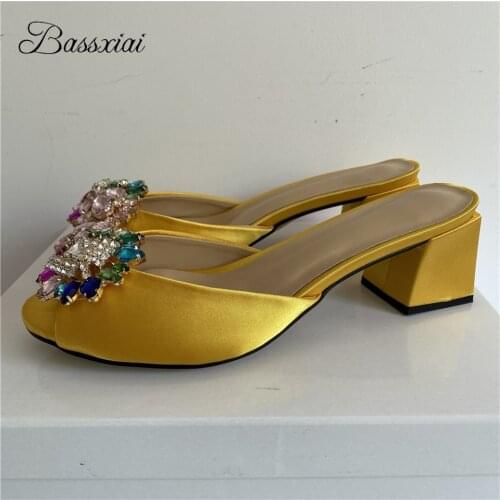 Luxury Satin Square Heel Slingbacks Mules For Girls Lady Sexy Peep Toe Colorful Rhinestone Flower Buckle Sandals Women