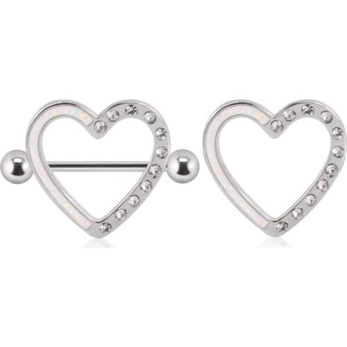 2PCS Stainless Steel Heart Shield Nipple Piercing Bar Jewelry Nipple Ring Barbell With Opal Gem 14G Women Body Jewelry