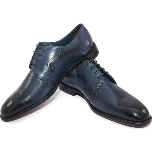 SHENBINs Premium Handmade Medallion Toe Derby Shoes, Dark Blue Baby Buffalo Leather, Leather Sole, Mens Classic Fashion