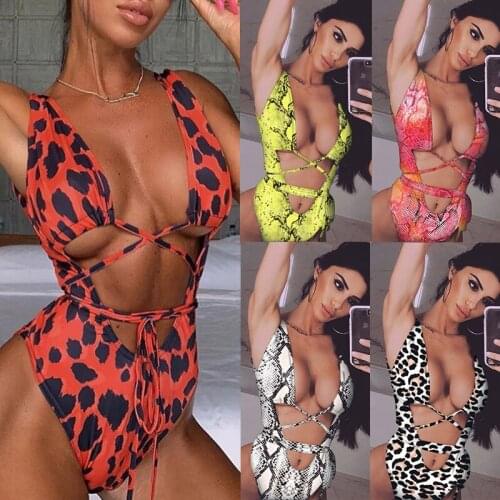 Summer 2021 New Sexy Women One Piece Serpentine Swimwear Leopard Printed Monokini Bandage Bathing Suit Push Up Bikini Swimsuit