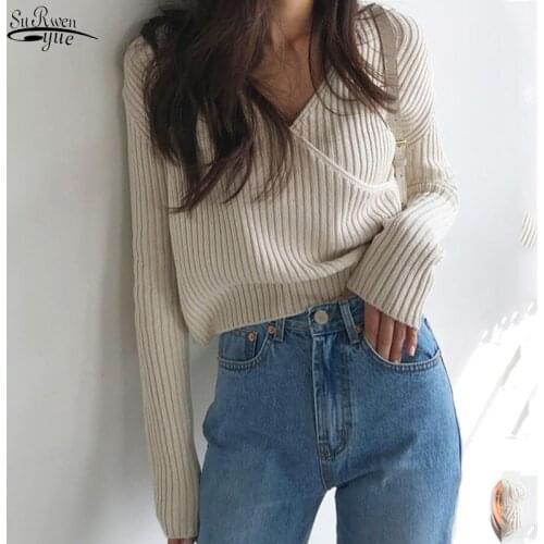 V-neck Stripe Sweater Autumn and Winter Women Sweater Thick Knitted Pullover Office Lady Casual Chic Korean Clothes 10527