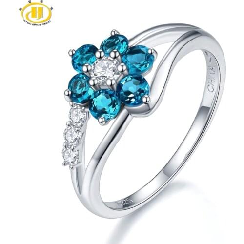 Hutang Natural Gemstone London Blue Topaz Rings Solid 925 Sterling Silver Flower Ring Fine Elegant Jewelry Best Gift for Women