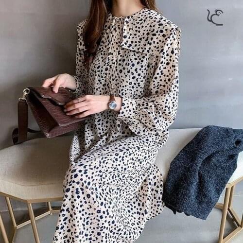 Womens Floral Chiffon Long Dress Loose Polka Dot Maxi Dresses Fall Doll Collar Bottom Clothes Spring and Autumn XXL 2020 FASHION