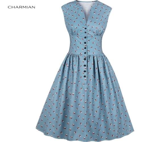 Charmian Womens Vintage Blue&Pink&White Floral Print V Neck Sleeveless High Waist Swing Dress