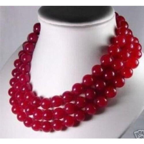 3 Rows Natural Charming 8mm Red Ruby Round Gemstone Beads Necklace 17-19"