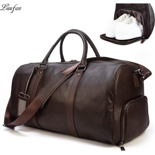 Big Capacity Genuine Leather Travel Bag For Men Women Soft Black Cowhide Casual Travel Duffel Large Luggage Weekend Shoulder Bag