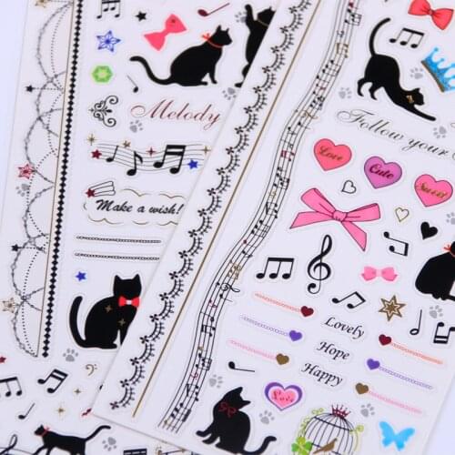 Music Black Cat Gilding Decorative Washi Stickers Scrapbooking Stick Label Diary Stationery Album Stickers
