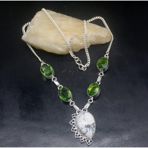 Hermosa Jewelry Natural Ocean Jasper Green Peridot Silver Color Women Ladies Gifts Pendant Necklace Chain 46cm 20213490