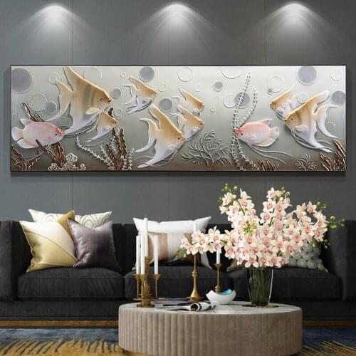 Living Room Decoration Painting Modern Minimalist Background Painting Horizontal Version Tropical Fish 3D Relief Painting