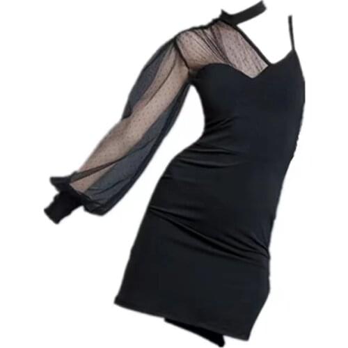 2021 Summer Black Mesh Girls Latin Ballroom Dance Competition Costumes Salsa Tango Modern Latin Practice Dancewear Dancing Dress