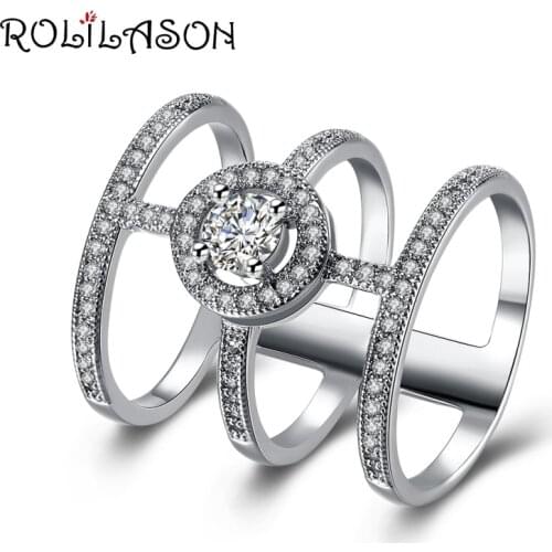ROLILASON Multi-layer ring White zircon design for ladies party silver color fashion jewelry USA Size #6#7#8 JR2164