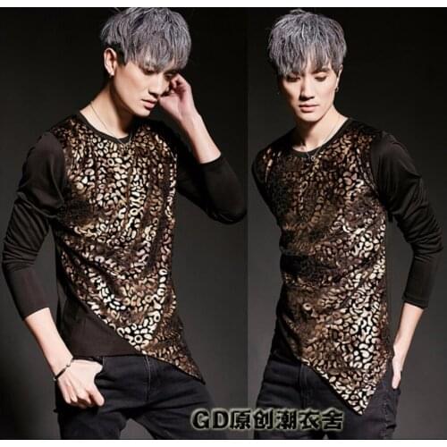 2020 New Spring And Summer Men Personality Hiphop Asymmetrical Long-sleeve T-shirt Print Patchwork Slim Top Singer Stage Costume