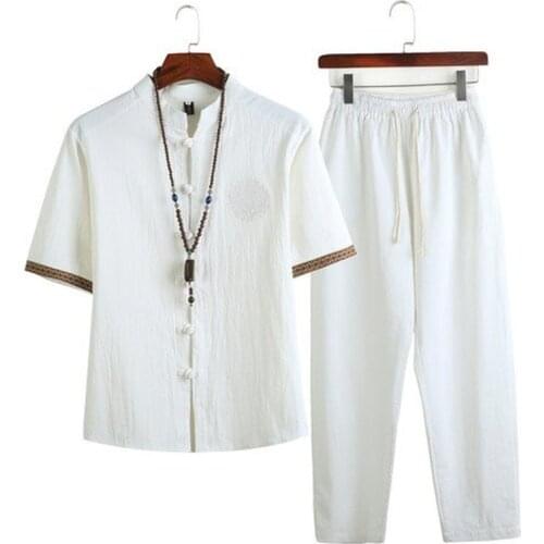 2020 Summer Mens Linen Shirt Sets Male Streetwear Jogger Sweatsuits Shirts+Long Pants Chinese Tracksuit for Men 2 Pieces Set 5XL