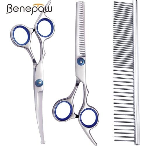 Benepaw Professional Stainless Steel Dog Scissors Set Ergonomic Safe Round Tip Pet Grooming Comb Curved Scissors Thinning Shears
