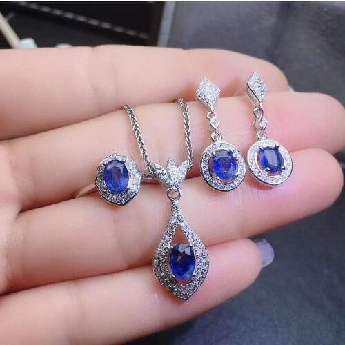 Real Natural Sapphire jewelry set Natural Real Sapphire 925 sterling silver 1pc pendant,1pc ring,2pcs Earring