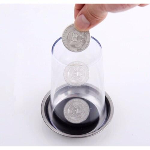 New Coin Penetrates into the Cup Tricks The Good Stretch COINS Through the Glass Magical Steel Cup Mat Magic Trick Props