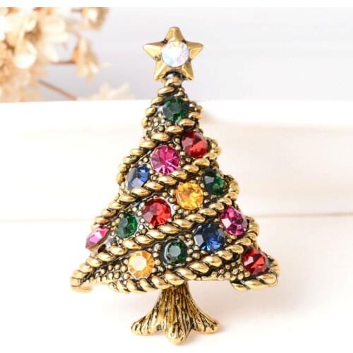 New Christmas Gifts Antique Gold-Color Pins And Brooches For Women 18 Style Rhinestone Christmas Tree Brooch