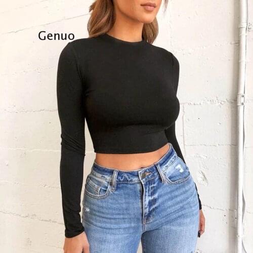 Solid Basic Long Sleeve Womens Tshirt Casual Black White Fashion Crop Top T Shirt Ladies Fashion Korean Tee Shirt