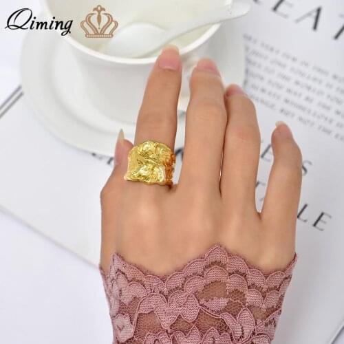 QIMING Handmand Irregular Chunky Women Rings Golden Color Width Geometric Vintage Finger Adjustable Ring Gift