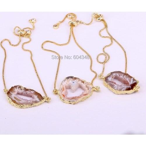5PCS ZYZ180-0007 Nature geode quartz connector bracelets, drusy stone with metal box chain bracelet adjustable