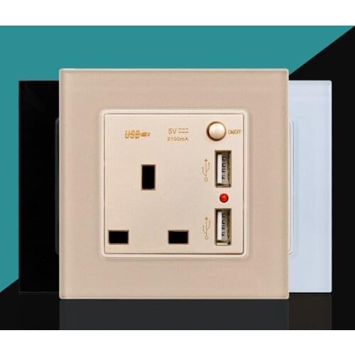 86mm British Standard Glass panel wall power socket 1gang 2USB Ports UK Plug With power switch output socket plug 250V 13A