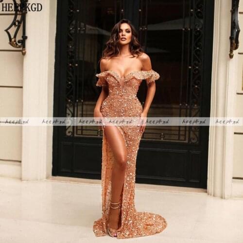 Sexy Long Dubai Evening Dresses High Slit Off The Shoulder Shiny Beads Sequin Special Occasion Dress Customize Women Formal Gown