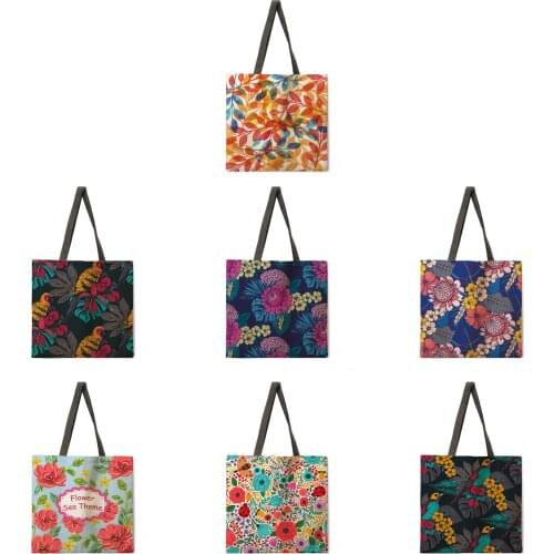 Red flower tote bag linen fabric bag casual folding shopping bag outdoor beach bag daily handbag