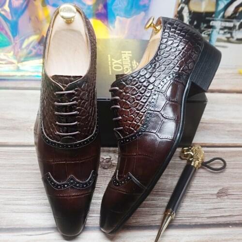 Elegant Mens Leather Shoes Lace up Cap Toe Brown Black Crocodile Prints Dress Formal Shoes Wedding Office Oxford Shoes For Men